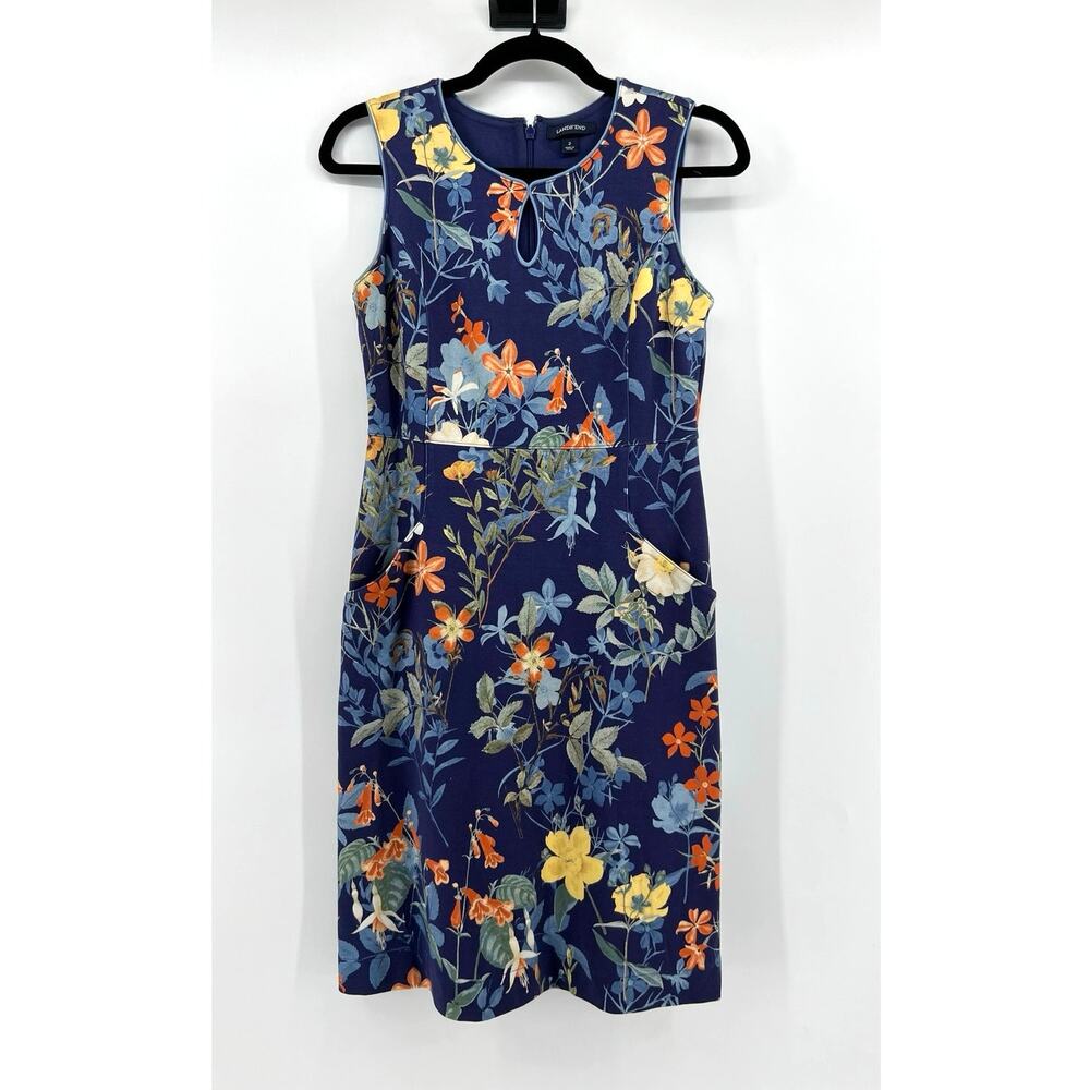 Lands' End Floral Print Sleeveless Knee Length Dress Women's Size 2 Navy Blue